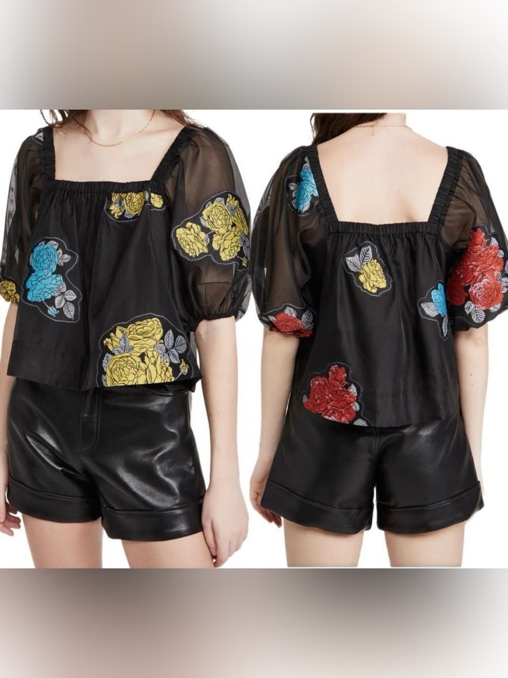 GANNI Sheer Organza Patchwork Floral Puff Sleeve Blouse EU 44 / US 12–14